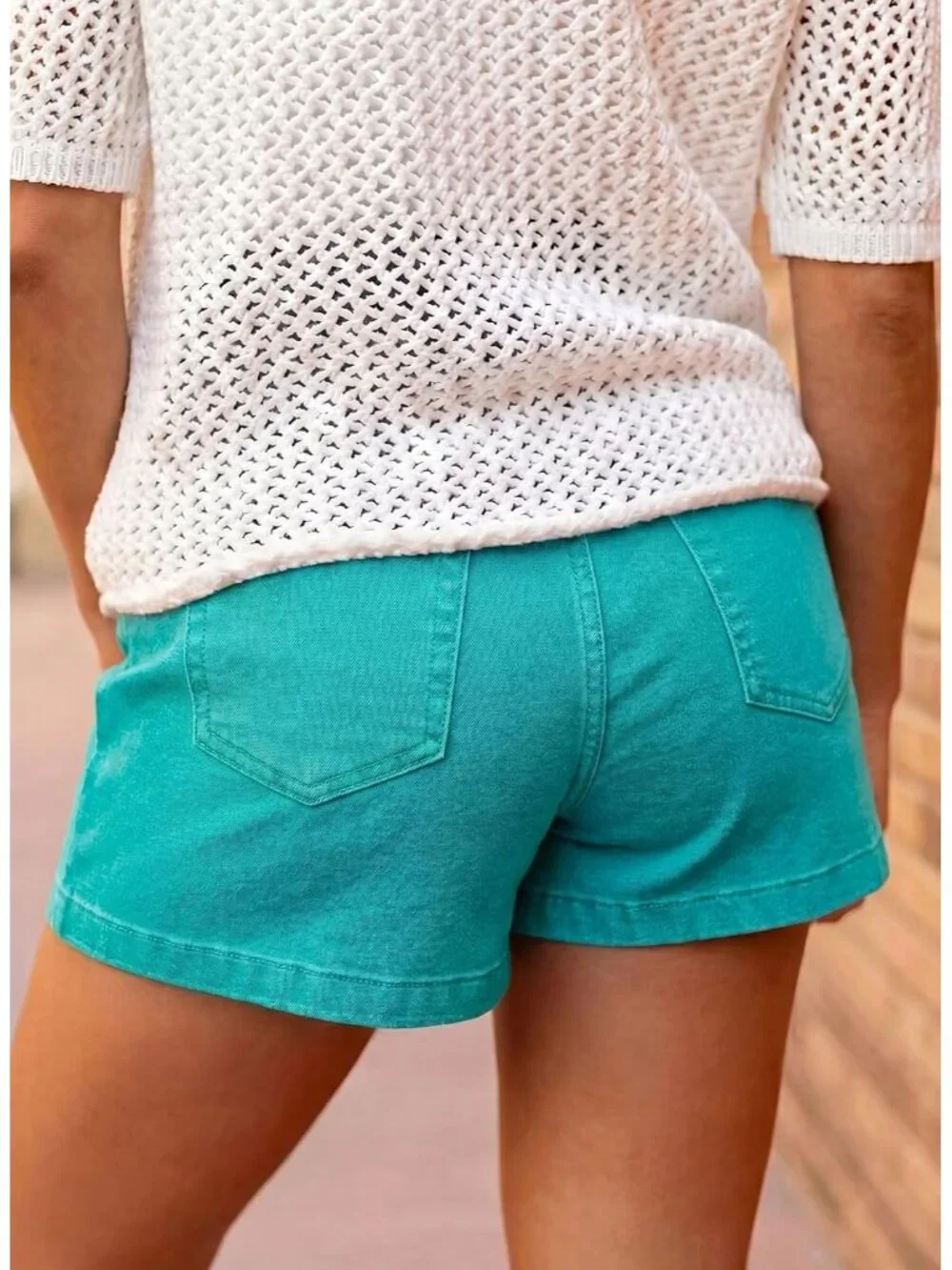 Women's Sea Green High Waisted Stretchy Shorts Double Button Denim Jean Shorts